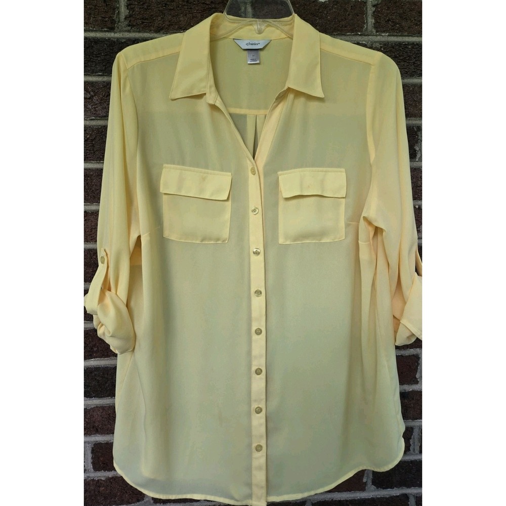 CJ Banks Women's Plus 1X Yellow Roll Sleeve Blouse Lightweight Cool Vacation